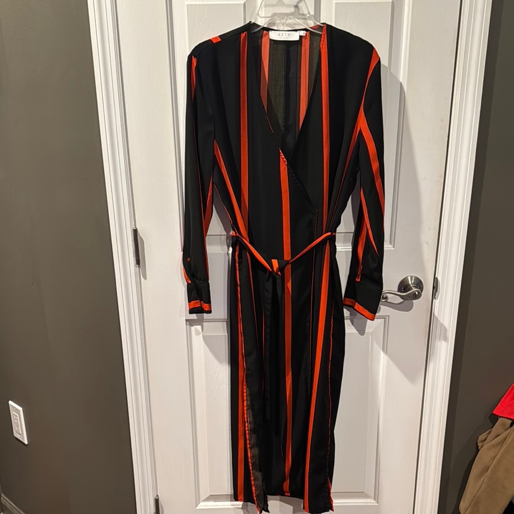 Stylish Black and Orange Striped Wrap Dress
